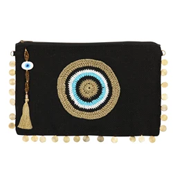 Fashion Women's Clutch Bag Trend Handbag Bags For Women CottonCrocheted Evil Eye Circle on Black Jute/Burlap Clutch High quality