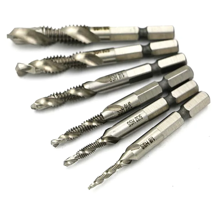6ชิ้น/เซ็ตHSS4341เครื่องสกรูด้ายขวามือPlug Tapก๊อกสกรูชุดชุดสกรูTwistเจาะชุดBit Hex shank 6.35Mm Tap Dril