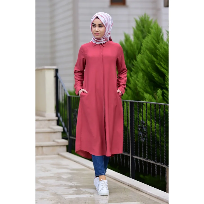 

2021 New 4 Seasons Muslim Women Pocket Viscose Tunic Shirt Collar Long Sleeve Turkey Model Indoor Female Casual Dress