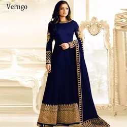 Verngo Navy Blue Dubai Arabic Caftan Evening Dresses Gold Embroidered Long Sleeves Moroccan Kafan Formal Party Gowns Customized