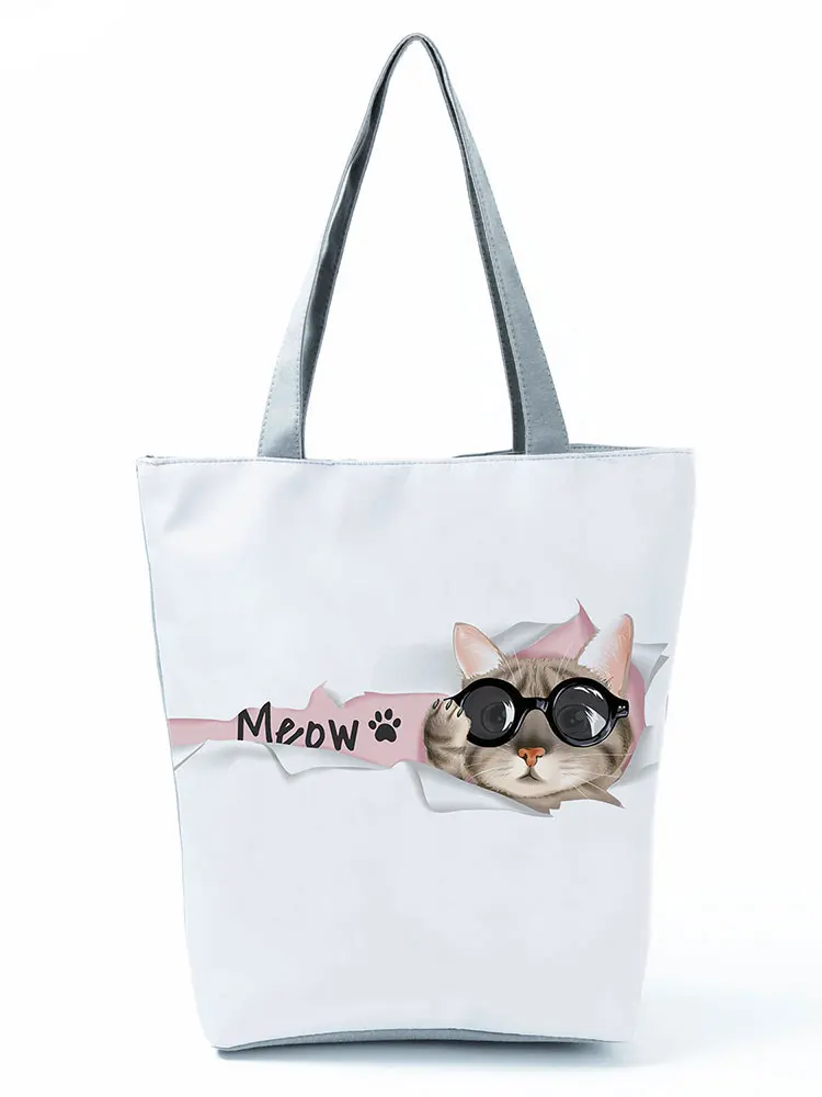 

Eco Friendly All-Match Beach Bag 3D Sunglasses Cat Printed Shoulder Bag High Capacity Portable Tote Female Practical Women's Bag