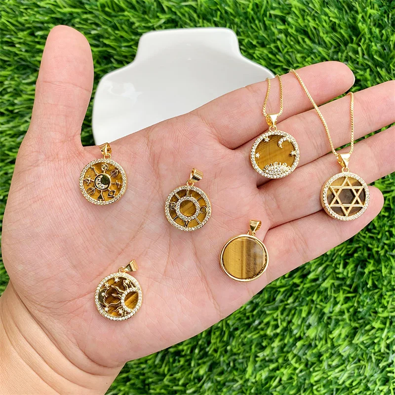 Natural Tiger's Eye Stone Pendant Charms With Cubic Zirconia Brass Gold Plated Setting  17x19mm Accessories For Making Necklace