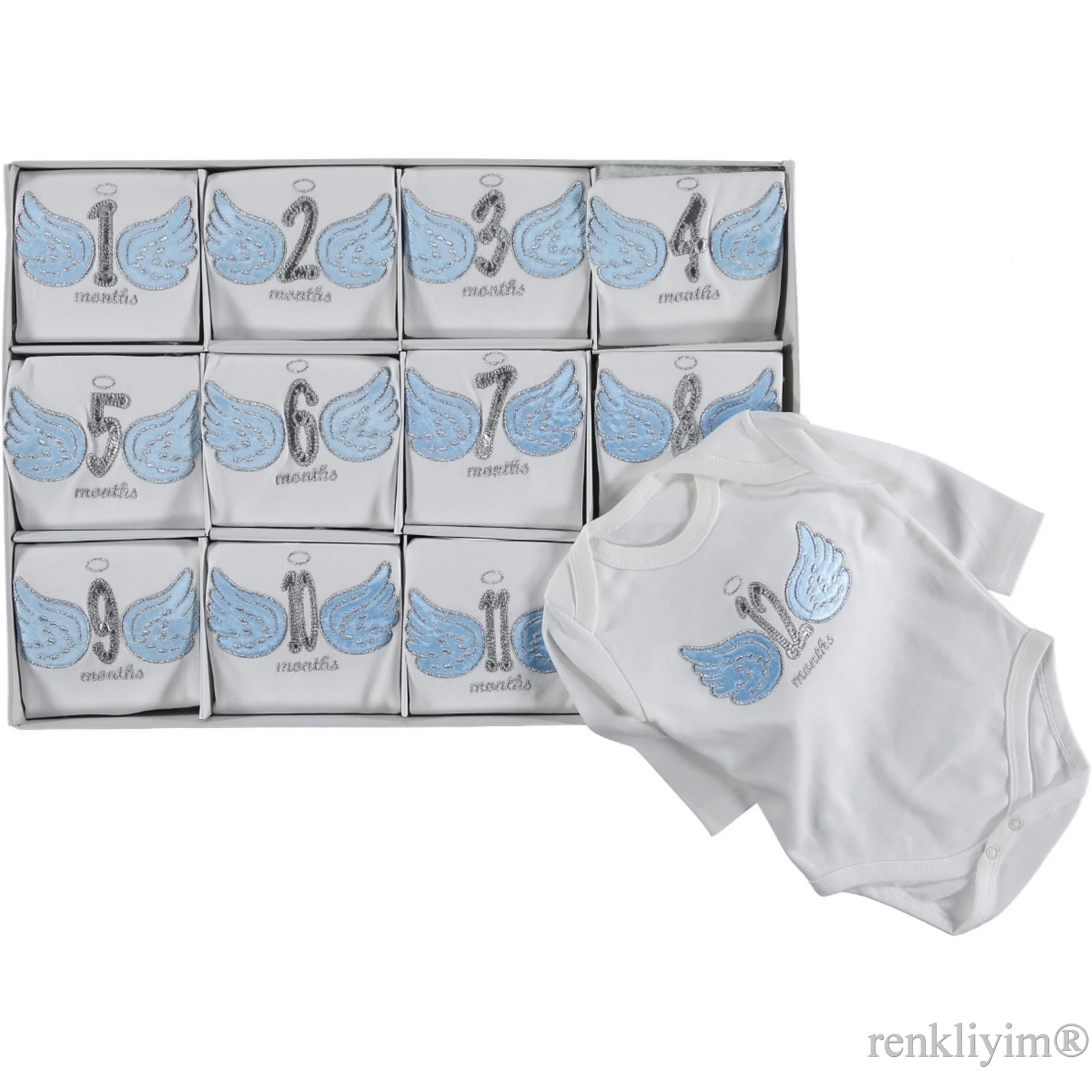 Baby boy bodysuits Blue Angel Winged Stone Figure White Baby Boy Clothes Set For Each Month Special 12 Pieces