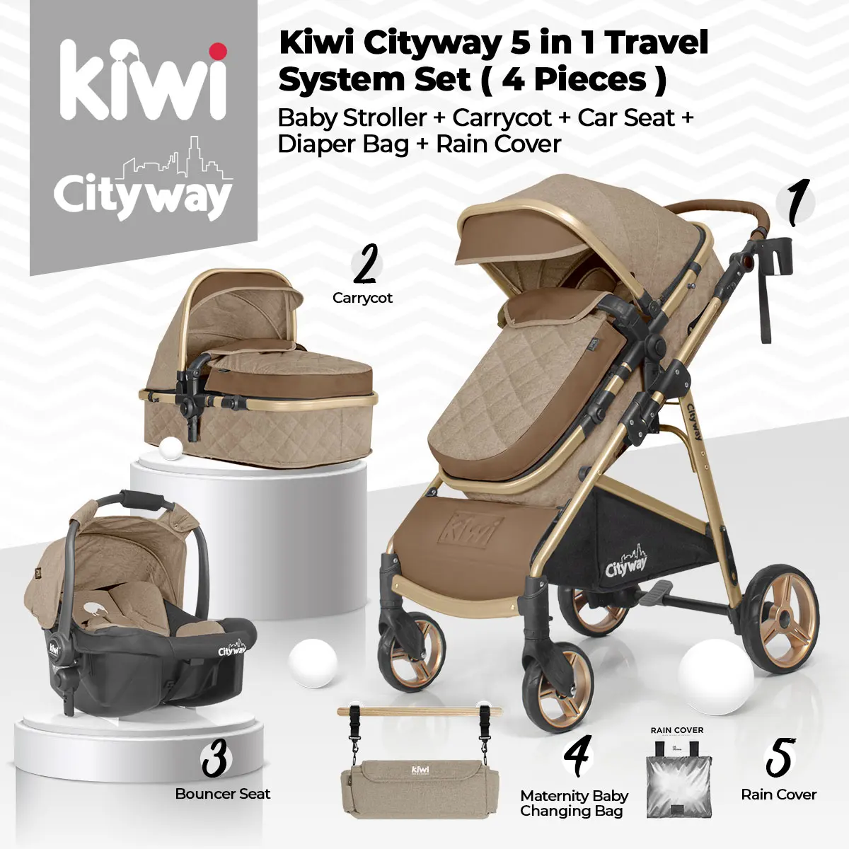 Baby stroller Kiwi City Way 5 in 1 Stroller, Carry Cot, Carrying Seat, Nursing Bag, Raincoat,