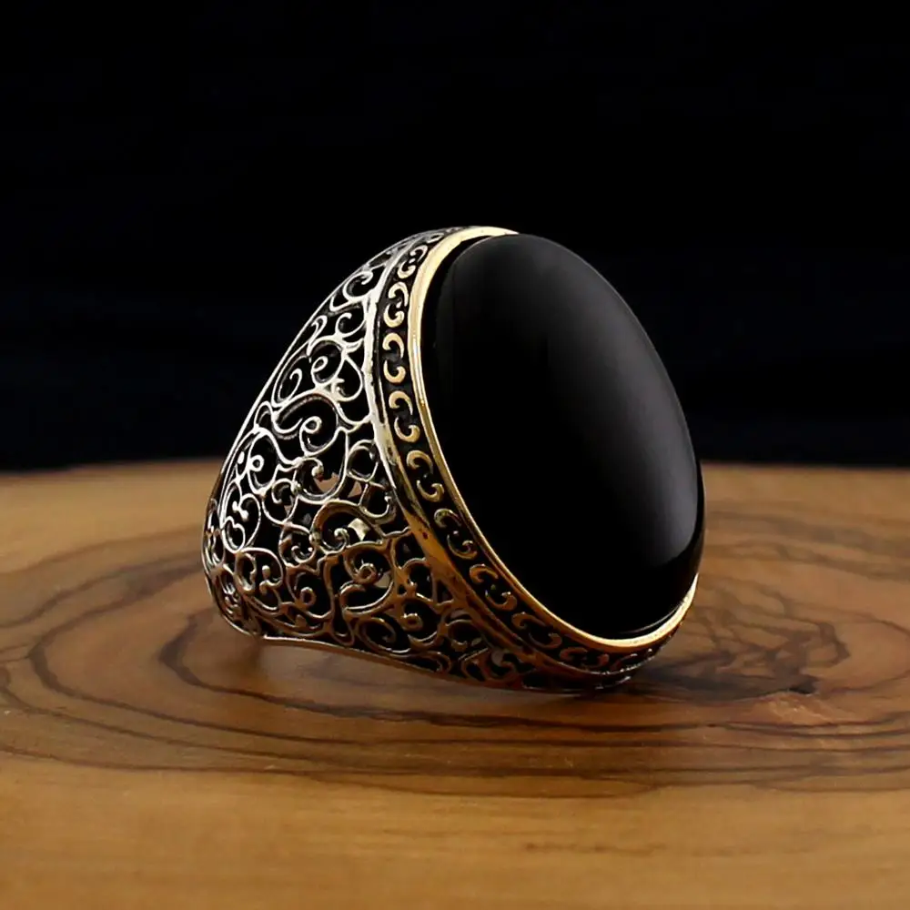 Handmade Real Pure 925 Sterling Silver Natural Black Onyx Stone Ring For Men Women High quality Jewelry Fashion  Retro Vintage Gift Zircon Onyx Agate Turkish Style Accessory