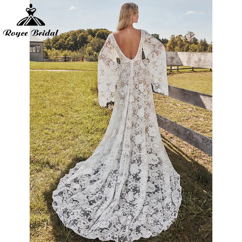 Elegante una línea Boho vestidos de novia bohemios cuello en V profundo encaje manga larga acampanada sin espalda robe de soirée de mariage personalizado