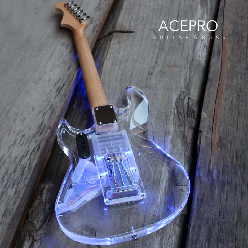 In Stock Acepro Blue LED Light Electric Guitar, Clear Acrylic Body, Transparent Pickguard and Knob, 3 Single Pickups, Maple Neck