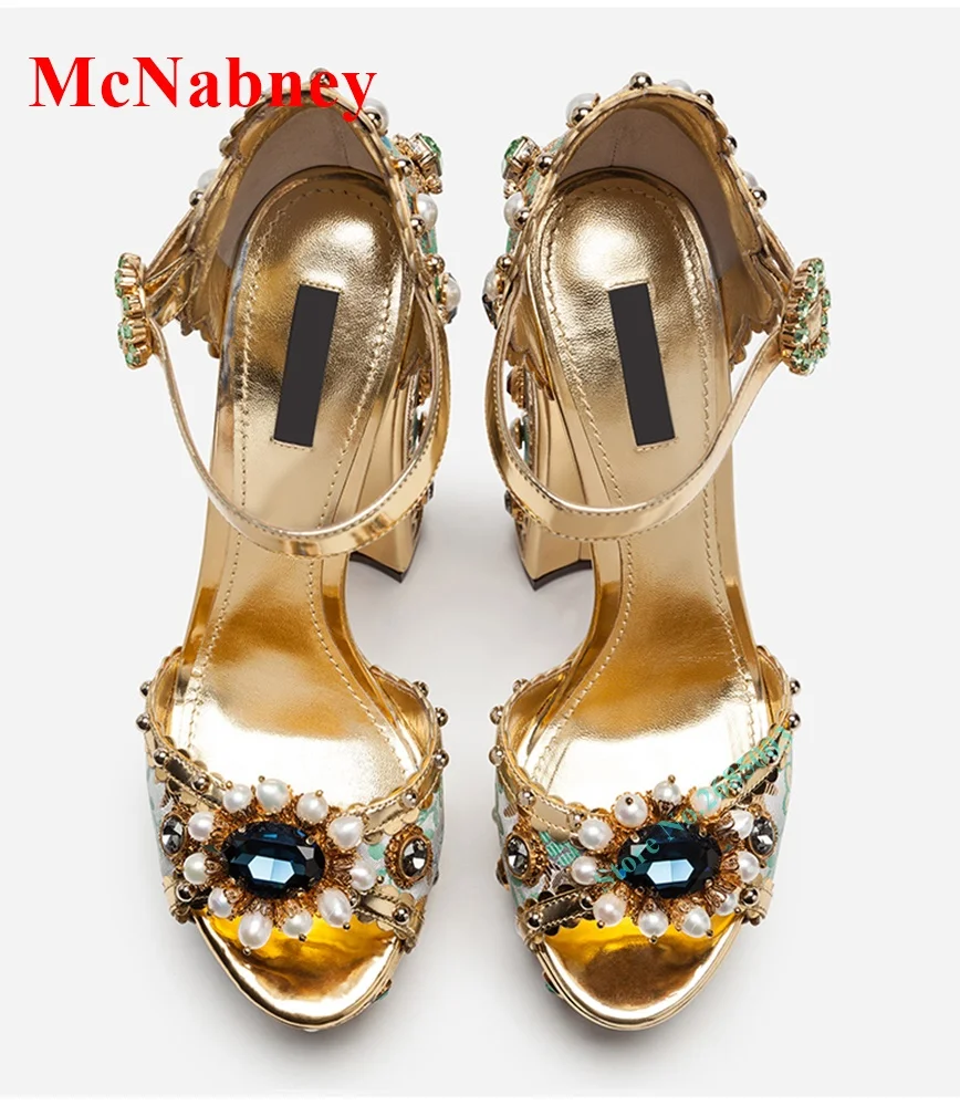 Peep Toe Rhinestone Chunky Heel Sandals Ankle Buckle Straps Platform Crystal Pearl Decor Sandal Women Shoe Summer Party Dress image 5