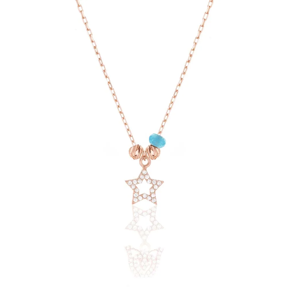 Star Figure Necklace Jewelry Pendant 925 Sterling Silver Rose Gold Featuring Aquamarine and Zircon Stone with 43cm Chain