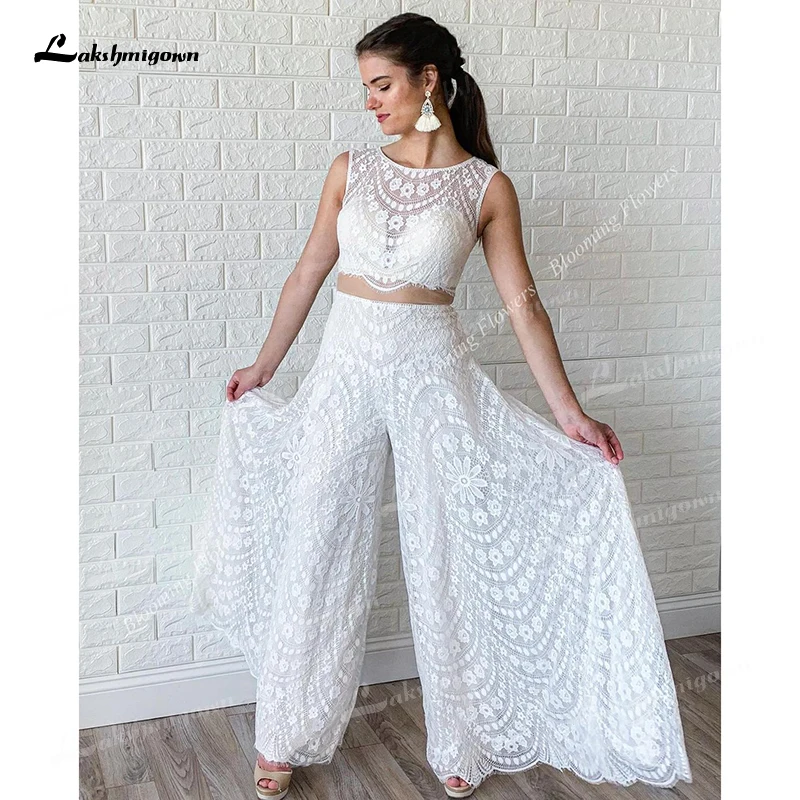 Boho Hochzeit Hosenanzüge 2022 Böhmischen Strand Spitze Braut Overall 2-Stück Tasten Zurück Breite Bein Hosen Ärmel Crop top