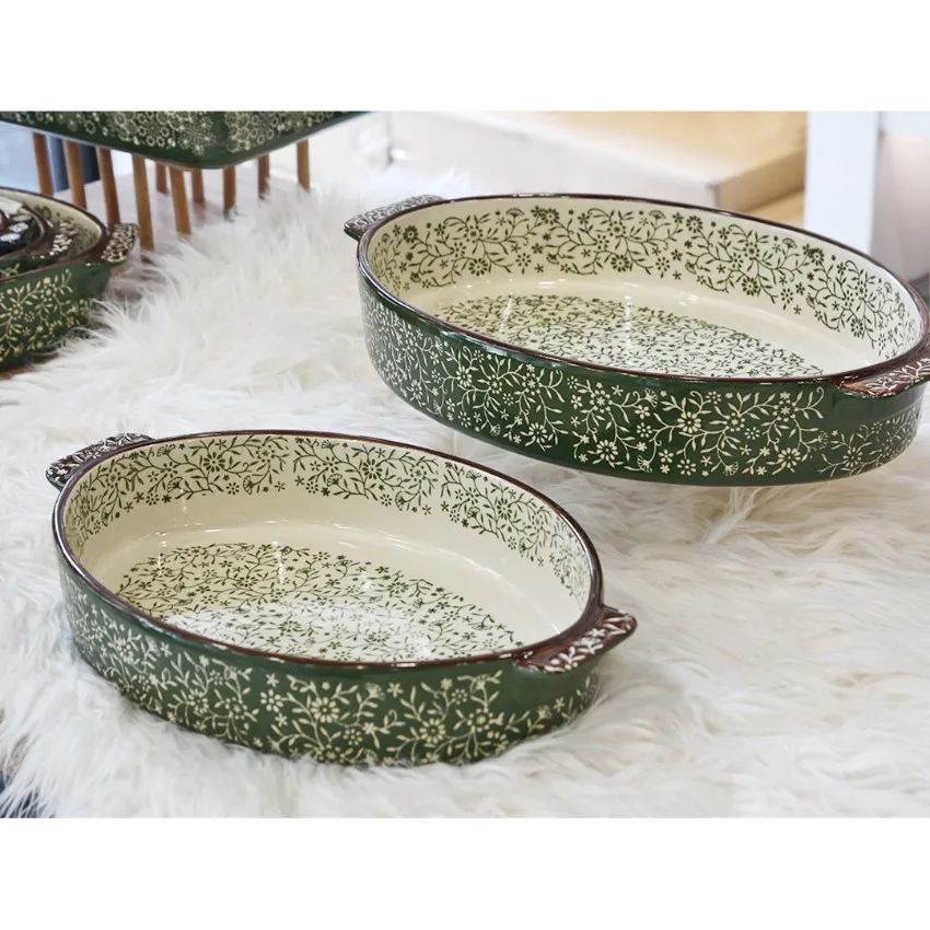 2 Pieces Cemile Retro Porcelain Oval 2 Pcs Ovenware - Green Ovenware Quality Porcelain Meat Chicken Fish Cake Mold Baking Kitche