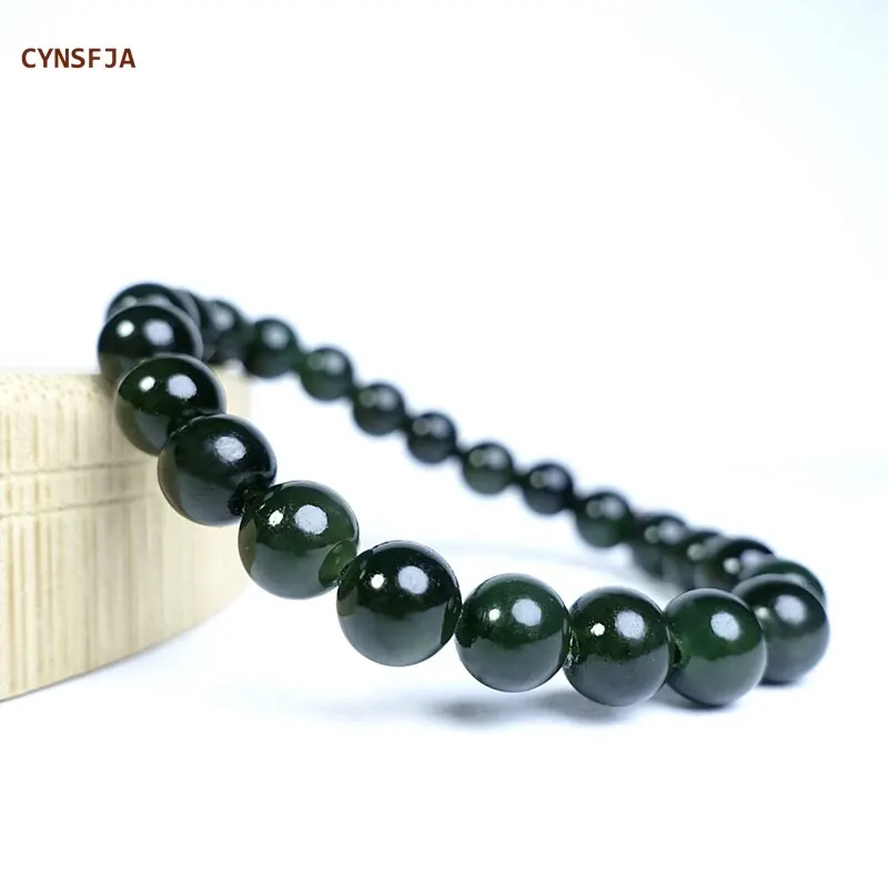 

CYNSFJA New Real Certified Natural Hetian Jasper Nephrite Unisex Lucky Jade Bracelets Dark 8mm Green High Quality Birthday Gifts