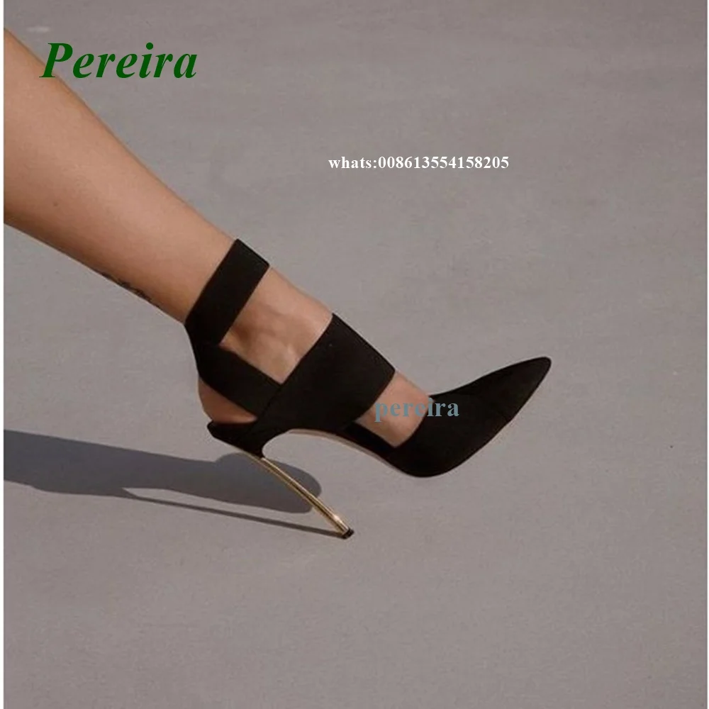 Metal Heel Black Strap Pumps Pointed Toe Slingback Thin Heels Pumps Cut Out Suede Party Shoes Summer Plus Size High Heels Sexy