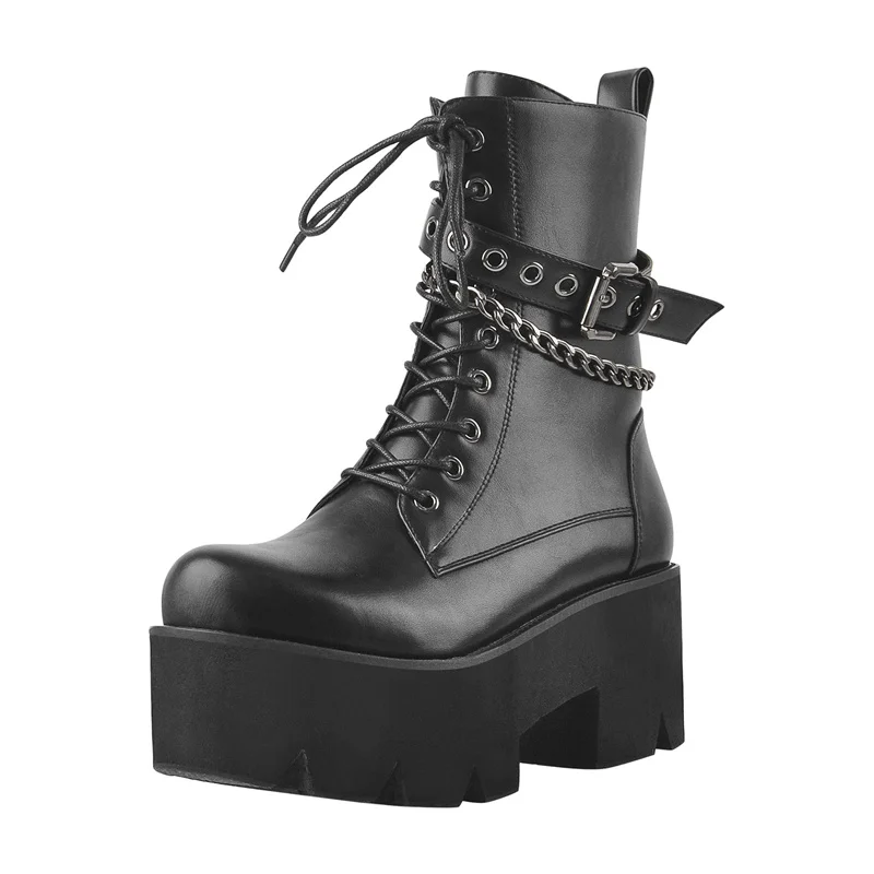 Onlymaker Women Round Toe Boots Metal Chain Platform Lace-up Matte Black Zipper Big Size Fashion Booties