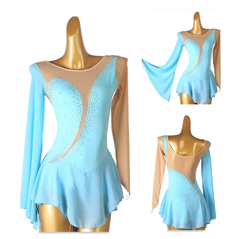 

light blue Figure Skating Dress Women girl Ice Skating Dress Gymnastics Costume custom crystal rhinestone B087