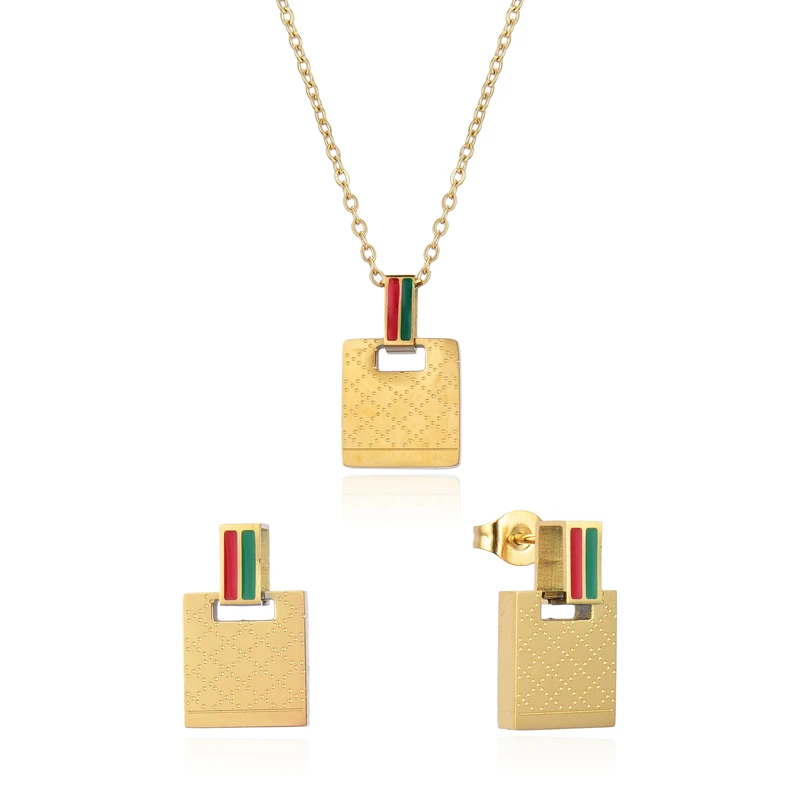 FYSARA Lastest Fashion Female Woman Stainless Steel Jewelry Set Gold Square Pendant Necklace Charm Green & Red Earrings Gifts