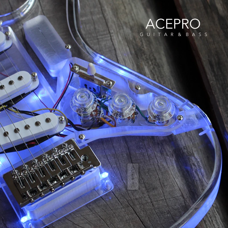 In Stock Acepro Blue LED Light Electric Guitar, Clear Acrylic Body, Transparent Pickguard and Knob, 3 Single Pickups, Maple Neck