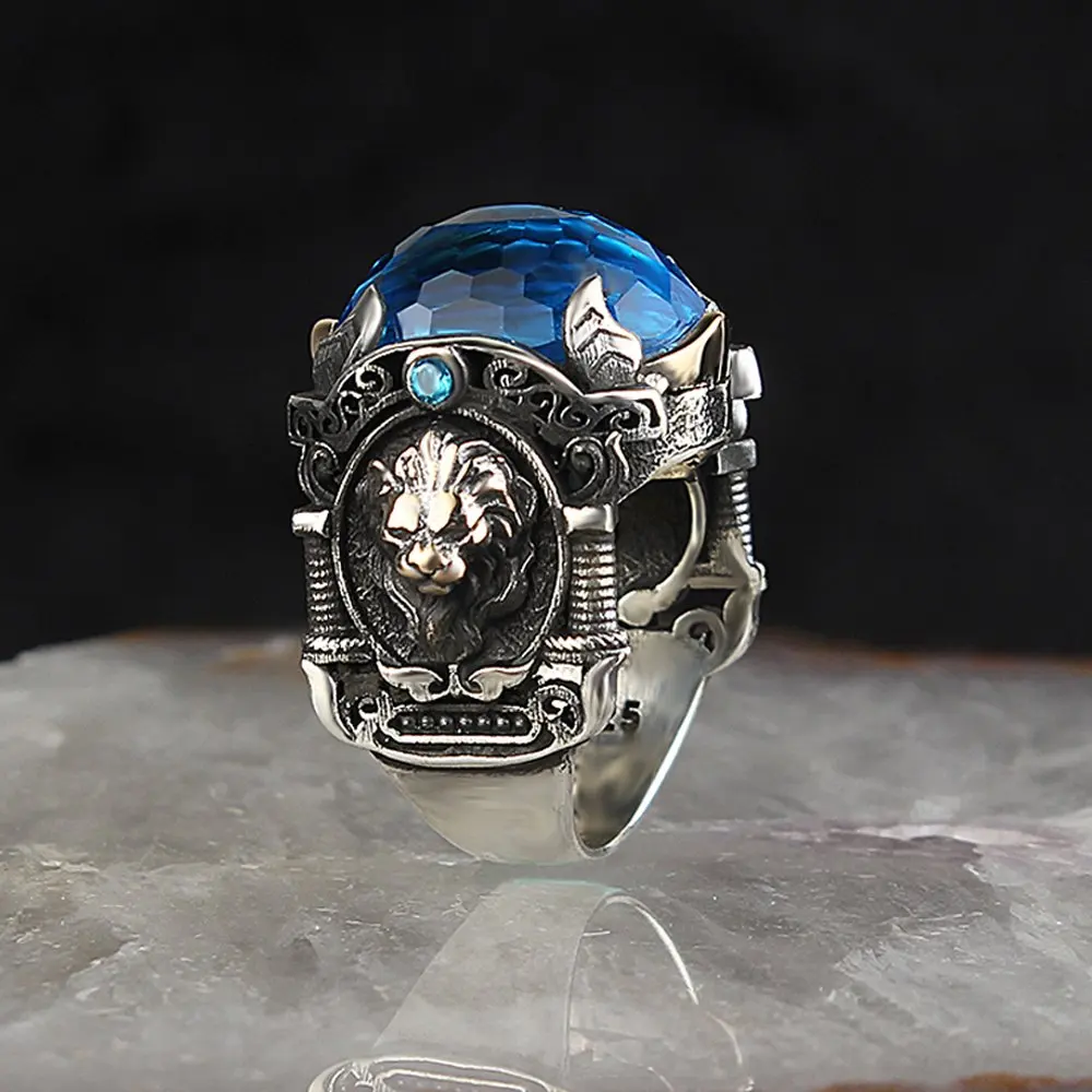 

925 Sterling Silver Men's Ring with Lion Symbol Zircon Stone, handmade Vintage gift