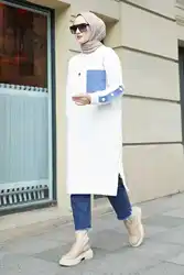 Tunique de Sport avec poches, Hijab détaillé, costumes pour femmes musulmanes, ensembles pour dames, Denim, taille haute, élastique, décontracté, islamique, nouvel an, 2022 Pull brodé à manches longues pour femme, tuni