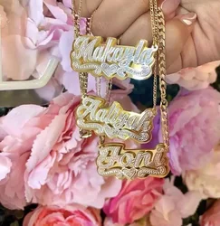 3D Custom Nameplate Necklace 18K Gold Plated Double Layer Two-Tone Personalized Name Necklaces With Heart Figaro Chain For Women