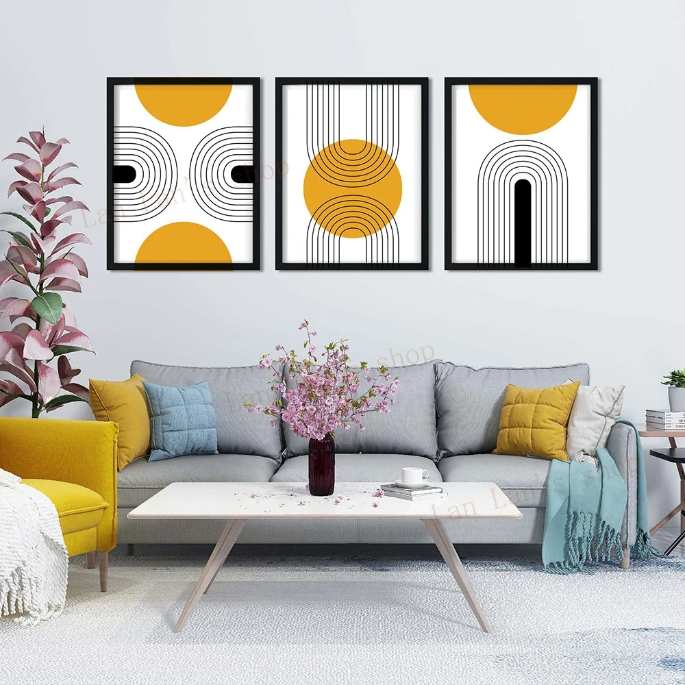 Set of 3 Art Prints Living Room Gallery Wall Decor Mid-Century Modern Canvas Painting Picture Mustard Yellow Geometric Poster