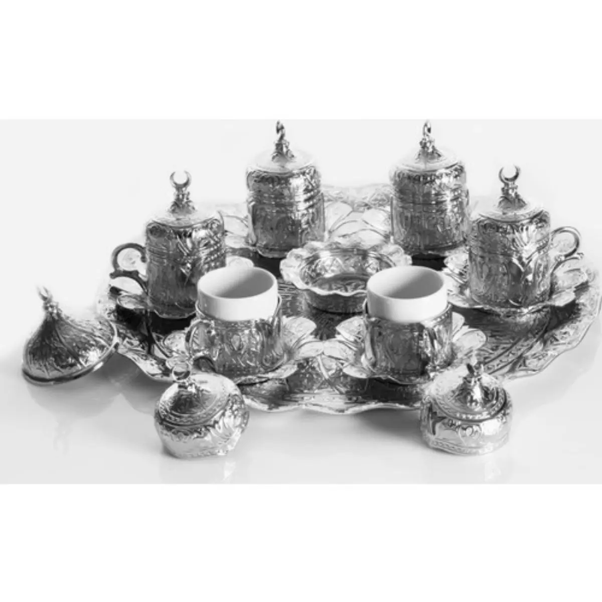 

Lalezar Coffee Cup Set for 6 Persons Zamak Metal Cast Outer Cover, Porcelain Inner Cup Authentic Turkish Coffee Set