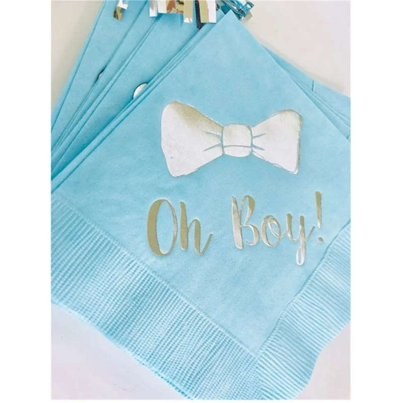 

50 Personalised Oh Boy Baby Pastel Blue Napkins w/ Metallic Silver Foil Cocktail Beverage Baby Shower Bowtie Bow Tie SHIPS in 24