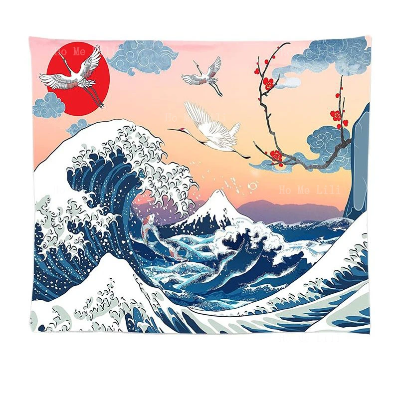 Japanese Kanagawa Great Wave Tapestry Mount Fuji Crane Cherry Blossom Wall Hanging Party Decorations Home Decor For Bedroom Dorm