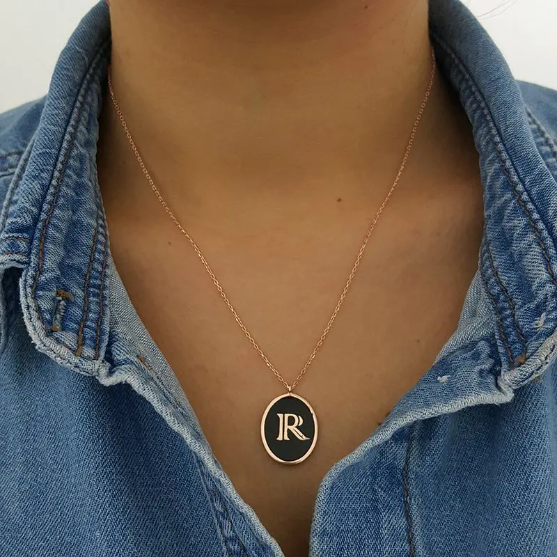 R Initial Letter Necklace Id Necklace Custom Necklace Personalised Necklace Turquoise or Black Enamel Necklace