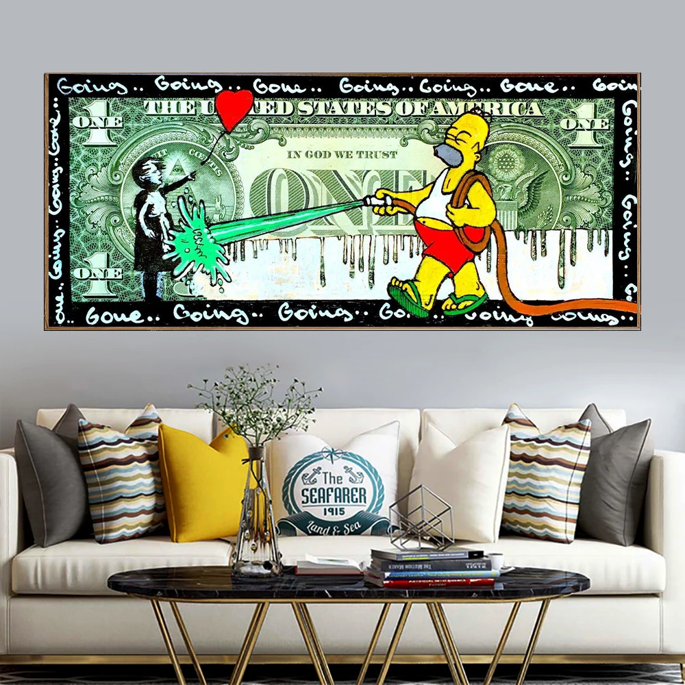 Disney Simpson Cartoon Graffiti Banksy Green Money Wall Art Inspirational Print Canvas Painting Mural Poster Decoration Gift