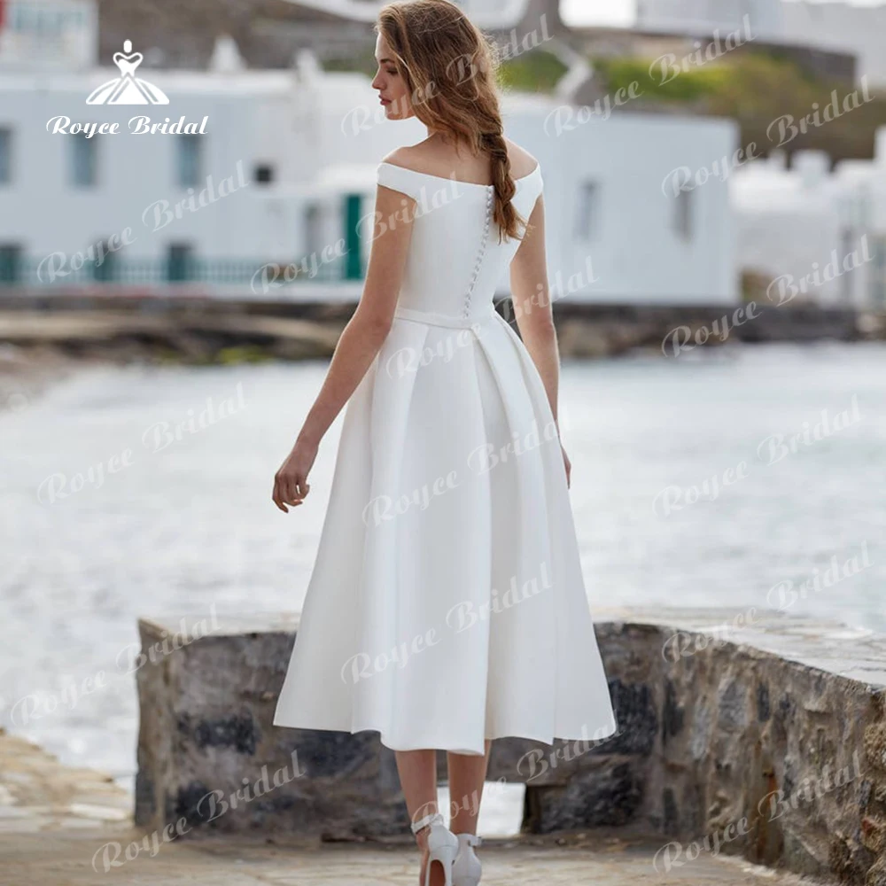 Classic Boat Neck Off the Shoulder A line Short Wedding Dresses 2022 Satin Bridal Gown Button Mid-Calf robe de soirée de mariage