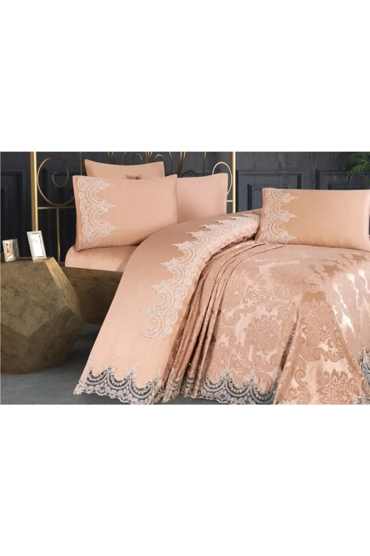 French Laced Guipure Double 6Pieces Unisex Pique Set -Bedspread-Pique-Embroidered Pillowcases Quality Bed Lining - Nilay