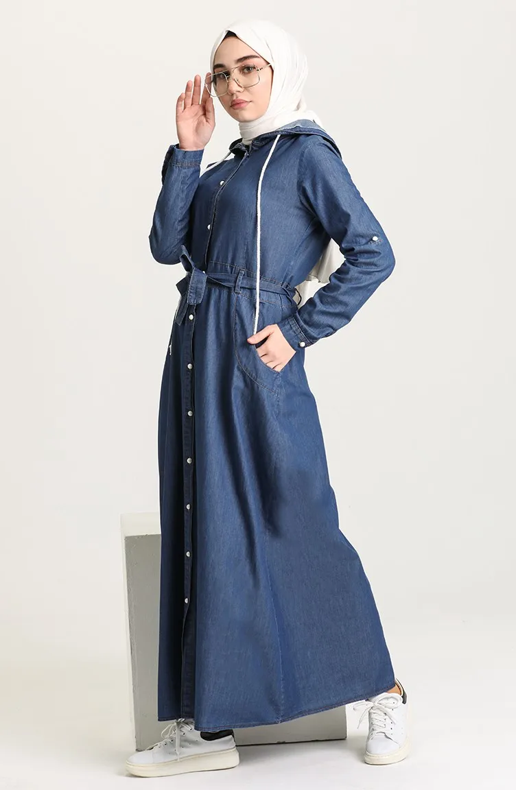 Hole Button Belt Denim Dress Dark Blue muslim long dress for women Dubai turkish women's scarves girls Islamic clothing Tunic big size