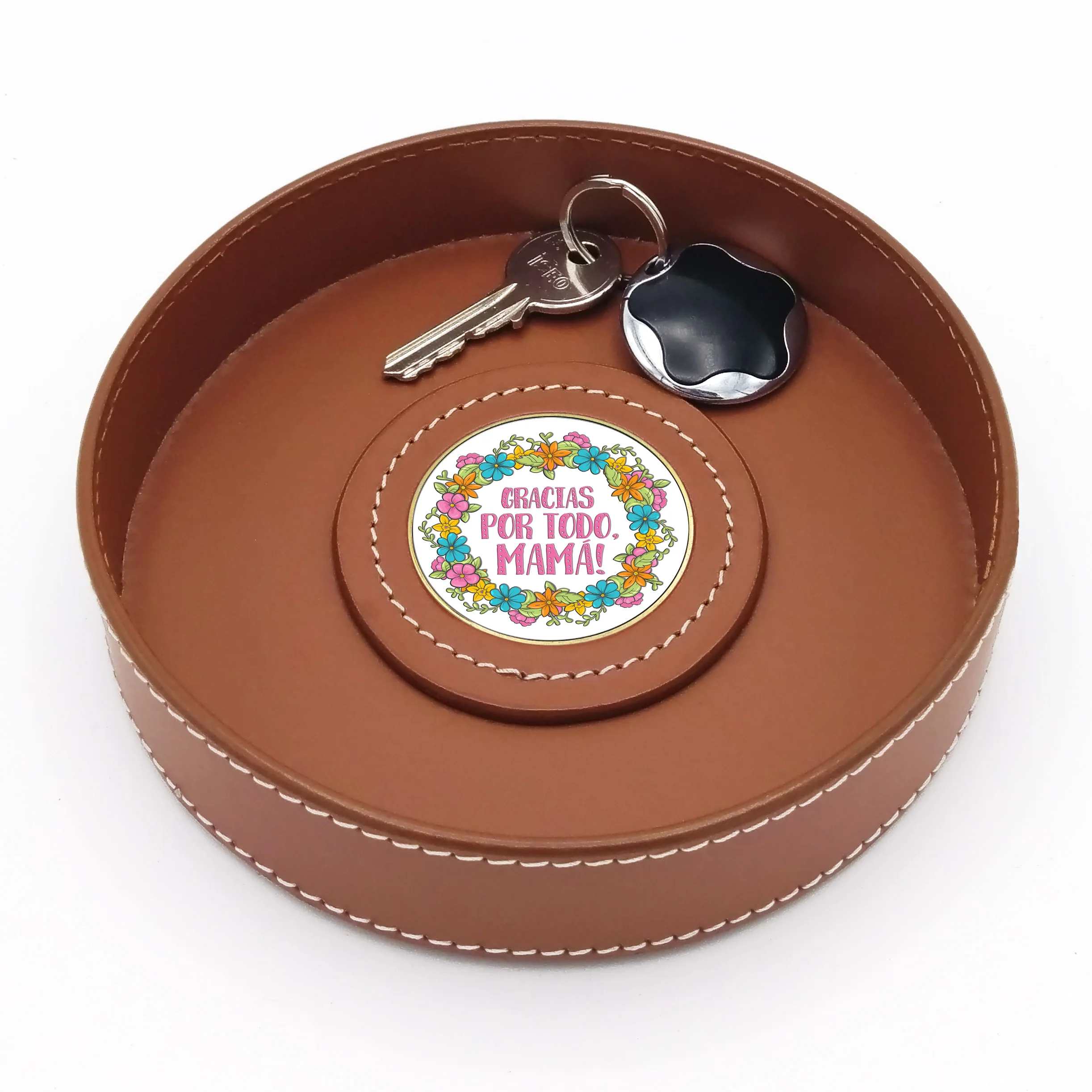 Leather Valet Tray for Mother´s Day - with Metal Medallion to choose among 8 different designs. Leather Color: Black or Tan.