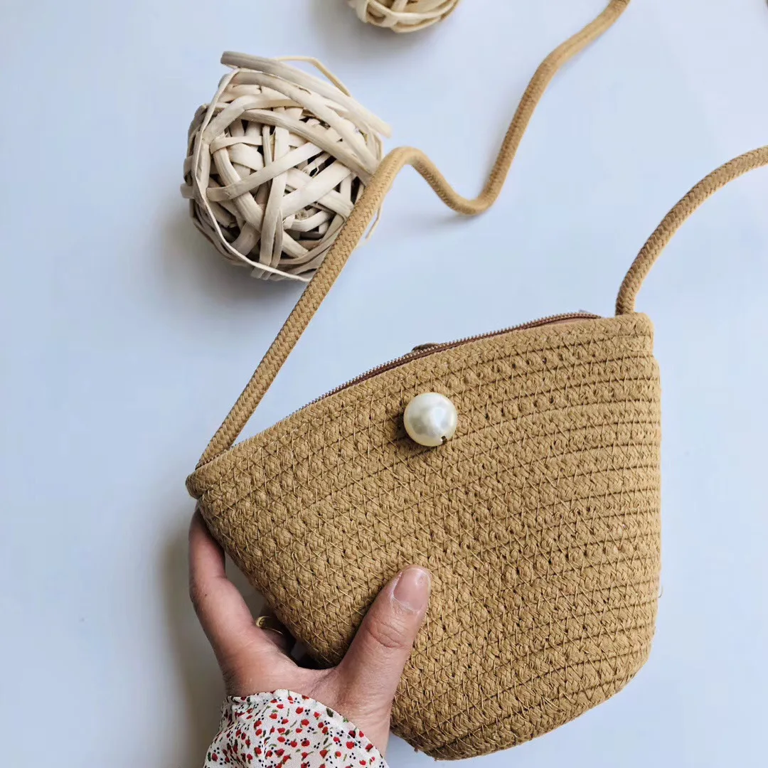 JARYCORN 2022 Hot Sale Zipper Pearl Decoration Bag Cross Shell Grass Woven Cotton Woven Mini Bag For Ladies Girls Women