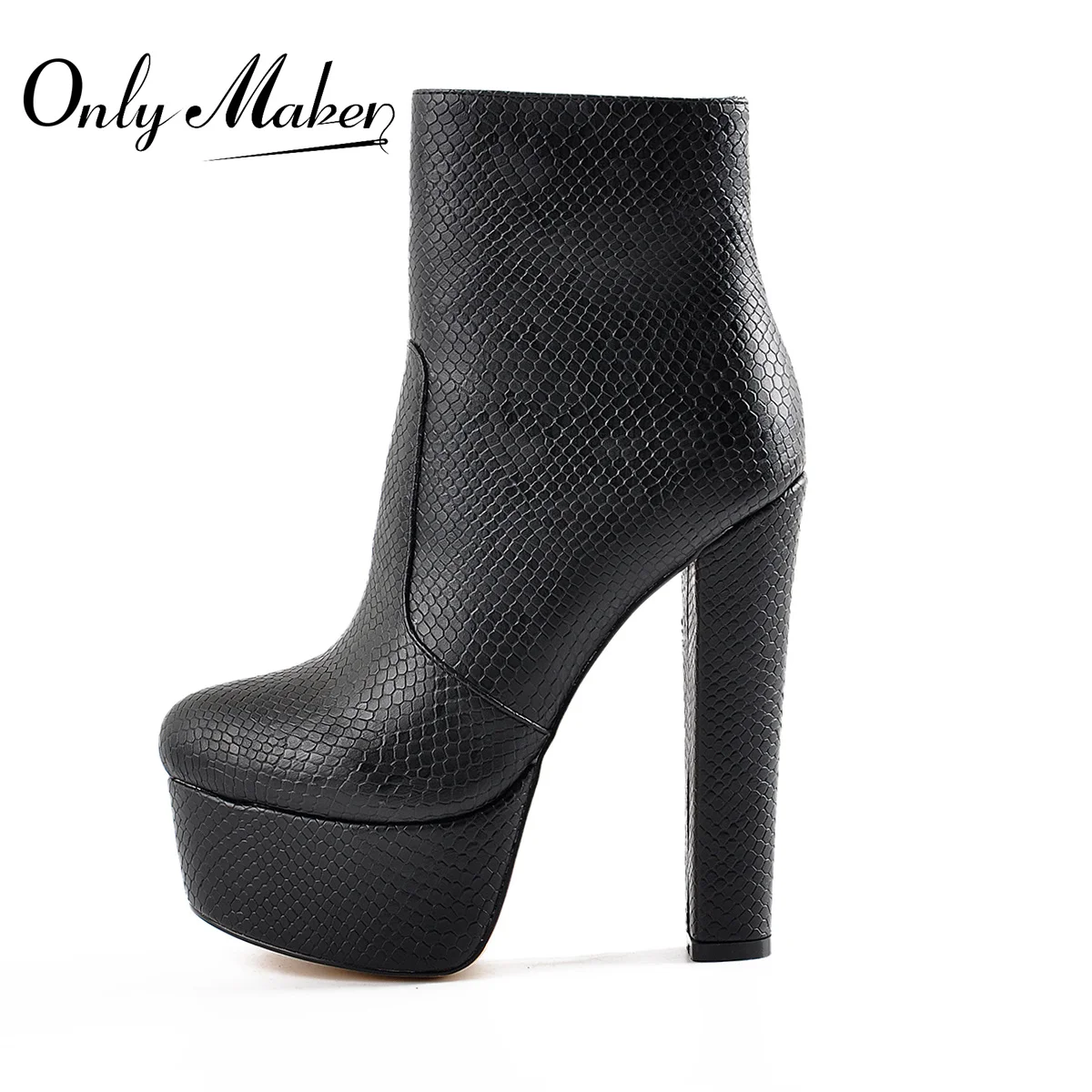 Onlymaker Women Round Toe Platform Ankle Boots Block High Heel Chunky Heels Snake skin Party Big Size Booties Shoes