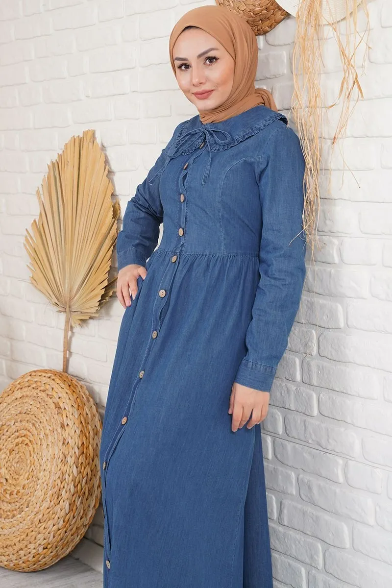 Through-hole Button Arched Handle Handle Denim Dress Dark Blue muslim long abaya women Dubai turkish hijab girl Islamic clothing big size