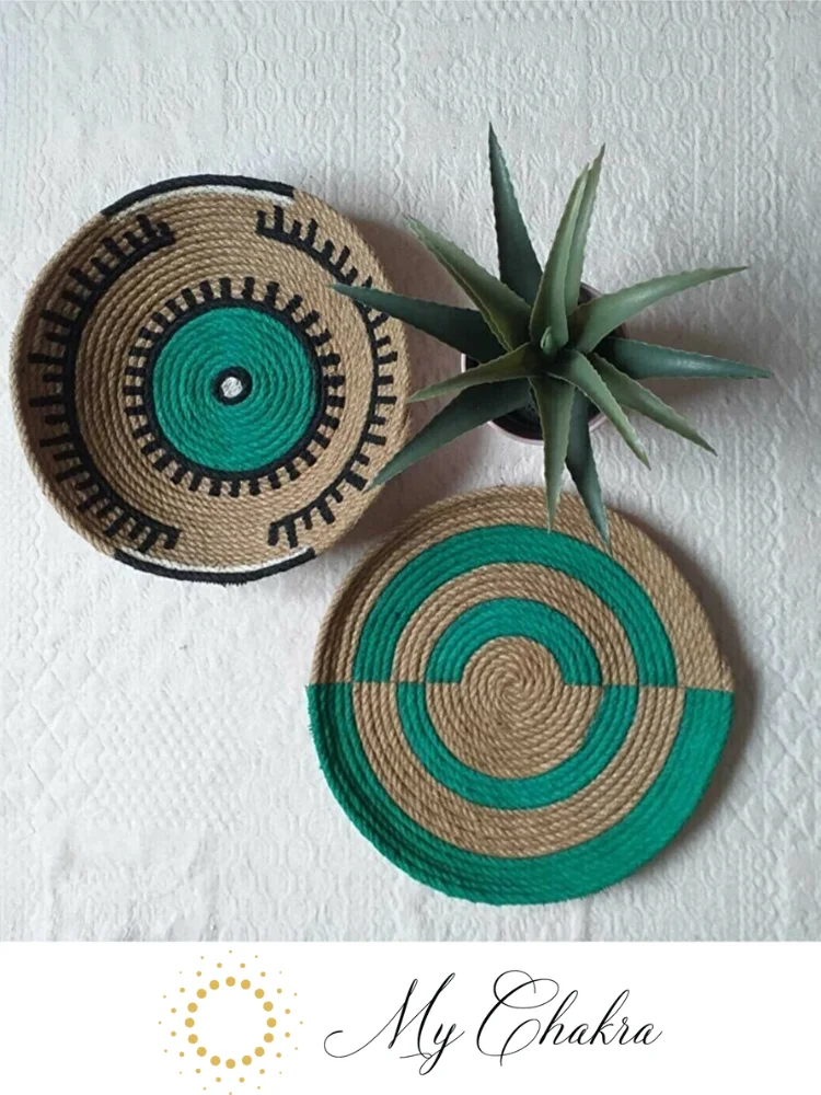 100% Handmade Straw Rope Decorative Bohemian Style Wall Plate Africa Pattern Waterproof Acrylic Painted Set Of 2, 3D, Home Office Garden Living Room Bedroom Hall Kitchen Decor Ethnic Lines Creative Gift