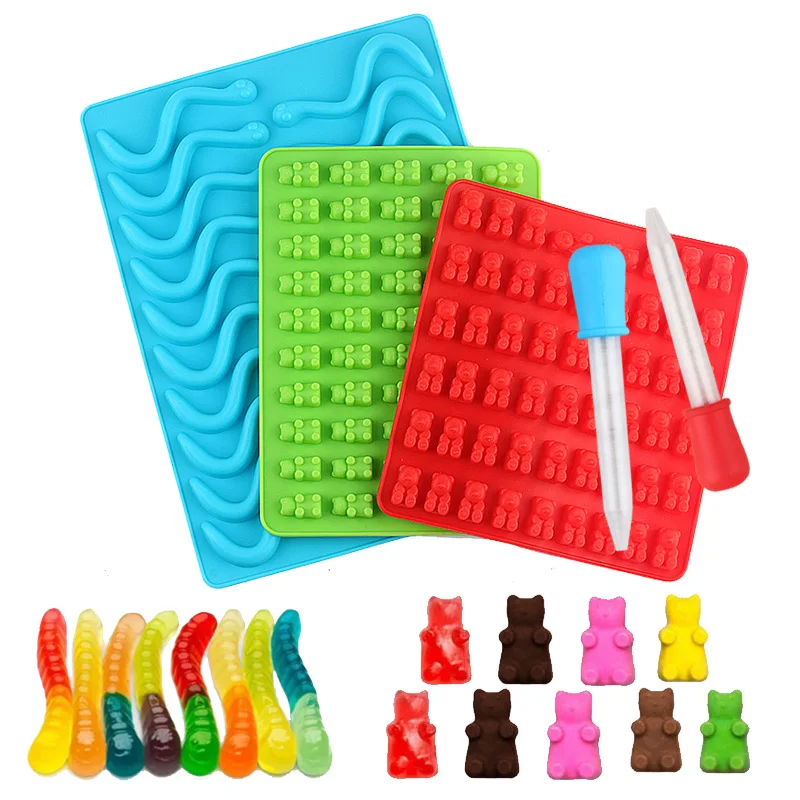 

50/20 Cavity Bear Snake Silicone Molds Gummy Jelly Candy Chocolate Mold Cake Decorating Tools DIY Baking Moulds With Dropper