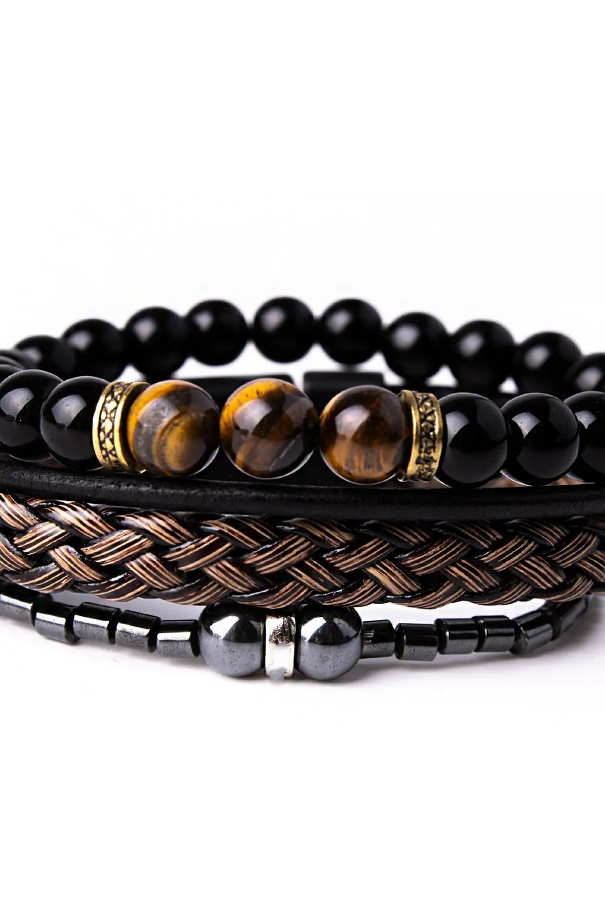 

3 PCs Bracelet Set Tiger Eye, Hematite, Leather Bracelet Natural Stone Bracelet 10001