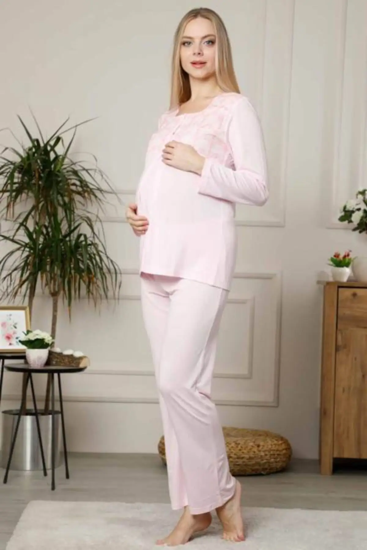 ALIMER Women Maternity Pajamas Set Long Sleeve Cotton Comfortable red pink blue