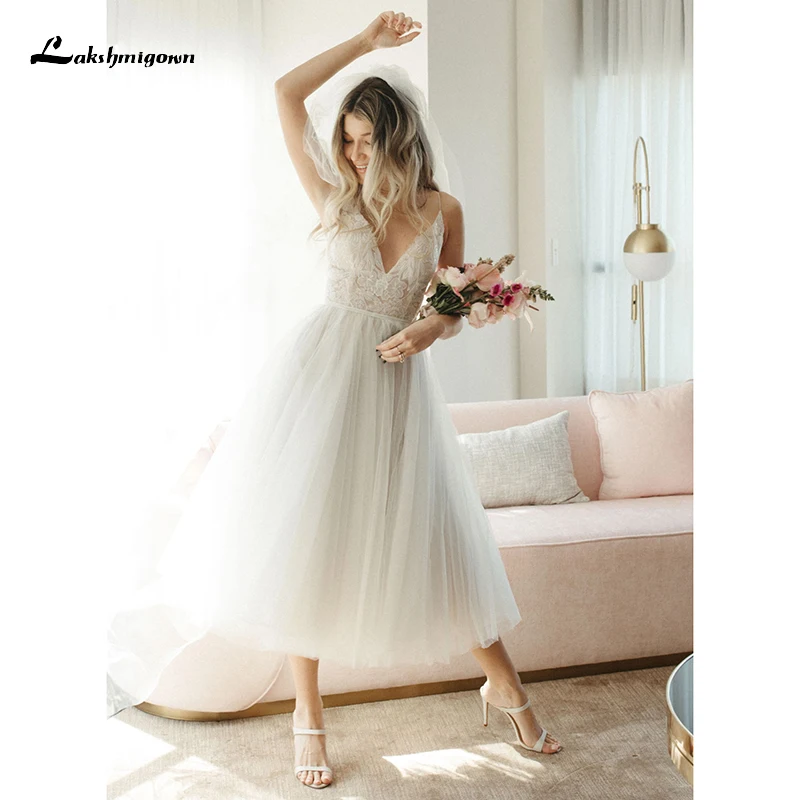 Sexy Lace Sleeveless Backless Spaghetti Straps V-neck A-LINE Tulle Knee-Length Bridal Gowns Wedding Dresses 2024 robe de mariée