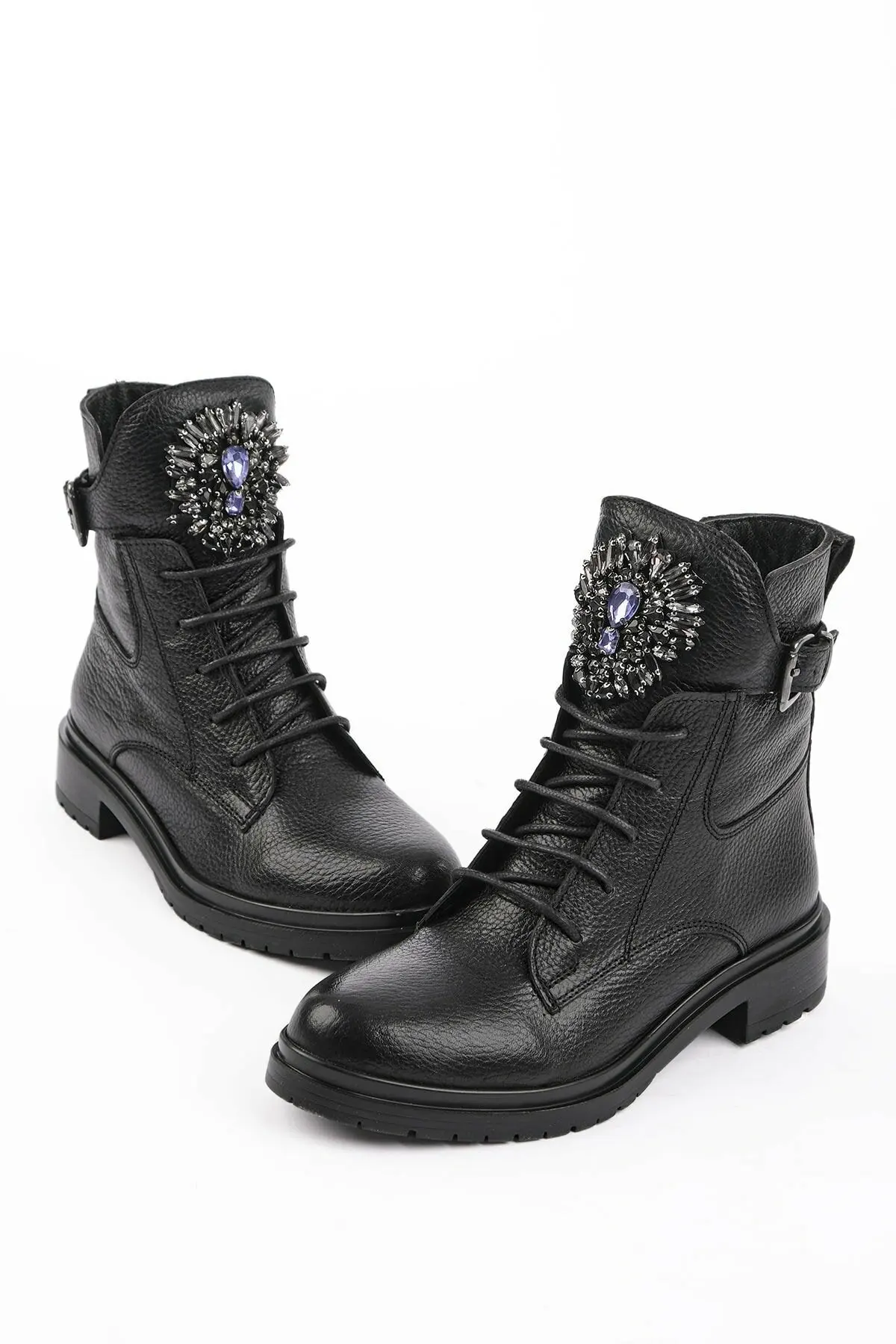 Women's Shoes Genuine Leather Postal Boots Black Cubic Zirconia Zipper Stylish Winter Season Perfect Fit Turkish Quality