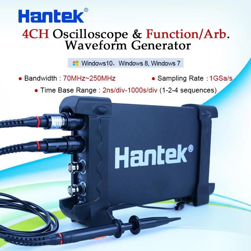 Hantek-USB Osciloscópio Gerador de Sinal Digital, Baseado em PC, 4 Canais, 250MHz, 25MHz, 6254BD, 250MHz