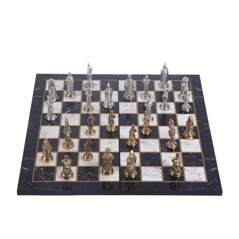 Ottoman vs Byzantine Figures Metal Chess Set for Adults, handmade Pieces and Marble Design Wood Chess Board King 7 cm