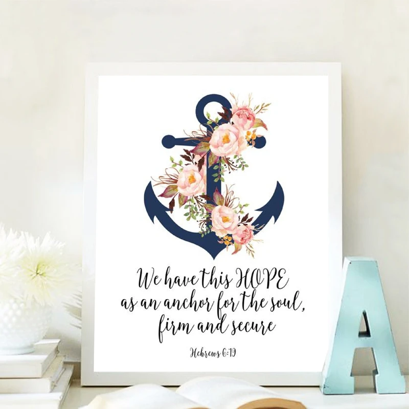 Bible Verse Hebrews 6:19 Quote Print Scripture Wall Art Canvas Painting Watercolor Anchor Flower Religious Poster Home Decor