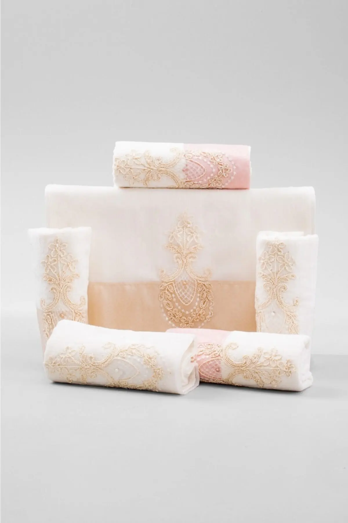 

French Guipure Cotton Set of 6 Towels Bathroom Lacy Hand Towels Bicolor 6 Pieces