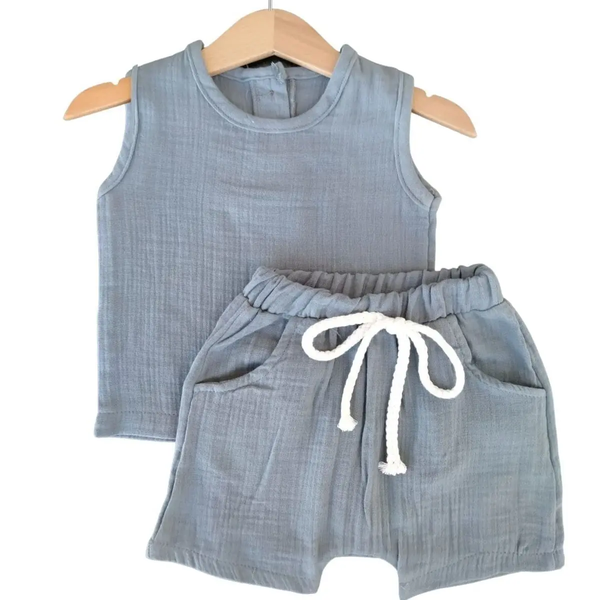 

Anti-Bacterial Summery Organic Muslin Fabric Short Sleeve & Shorts Baby Dress Set (9-24 Month) blue-Dark Blue-Green