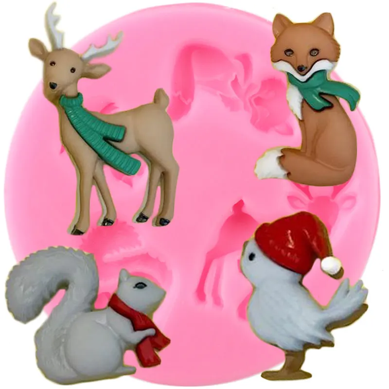 Squirrel Deer Birds Fox Silicone Molds Christmas Animals Cupcake Topper Fondant Cake Decorating Tools Candy Clay Chocolate Mould