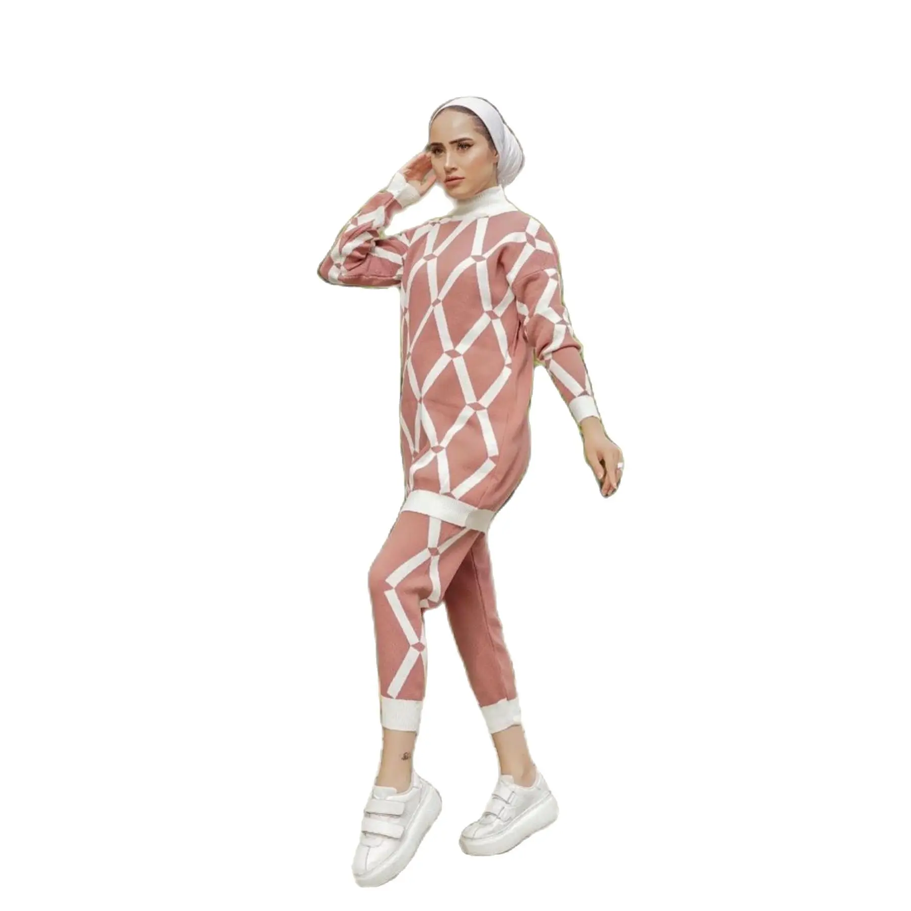 

2 Piece Women's Knitted Sports Set Geometric Patterned Long Sleeve Sweater and Comfortable Pant Sportive Set Knitwear Turkey